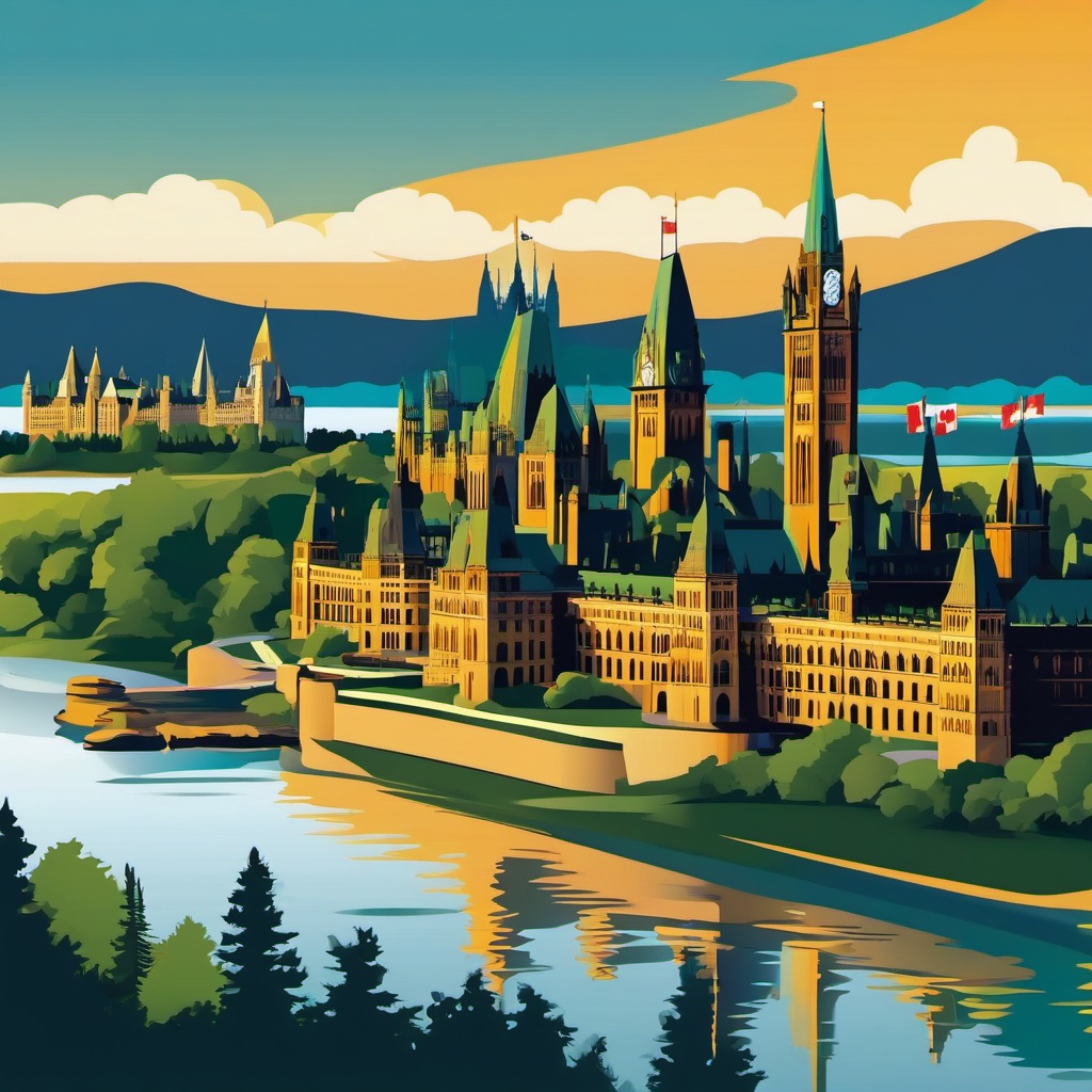 Ottawa clipart - Parliament Hill and Ottawa River, ,color clipart vector style