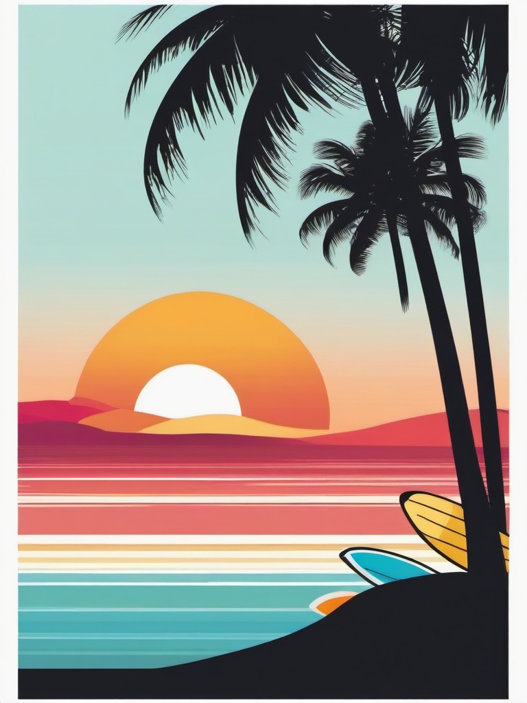 Surfboard Clipart - A colorful surfboard leaning against a palm tree on a tropical beach, a portal to endless waves.  color clipart, minimalist, vector art, 