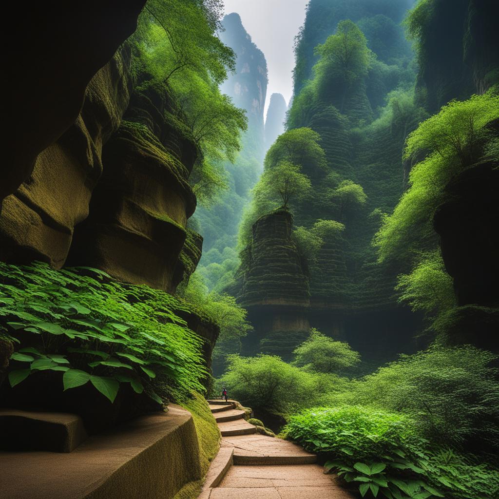 wulingyuan scenic area - illustrate the dreamscape of thousands of sandstone pillars and lush greenery in wulingyuan, a unesco world heritage site. 