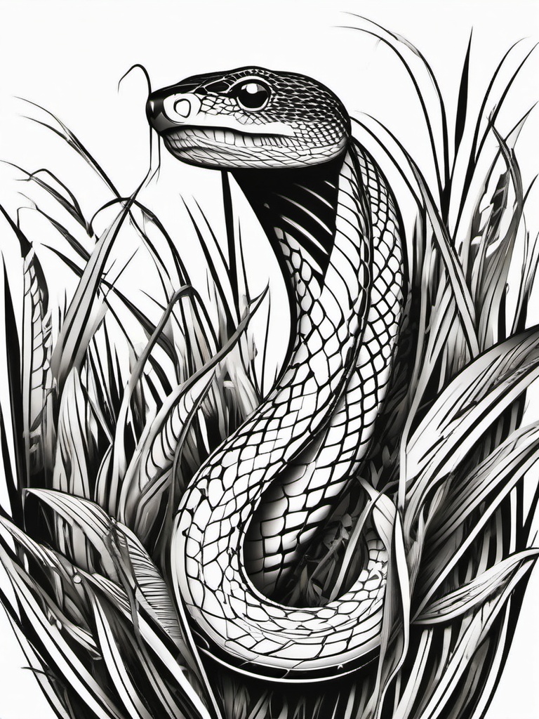 Snake Tattoo - Sleek snake coiled in the grass, symbolizing transformation  few color tattoo design, simple line art, design clean white background