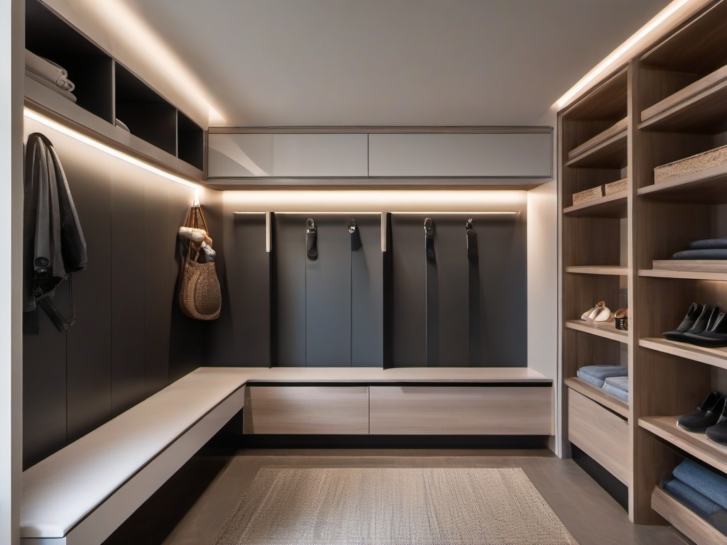 A mudroom designed with High Tech interior design includes smart storage solutions, durable materials, and a minimalist aesthetic that combines practicality with contemporary style.  