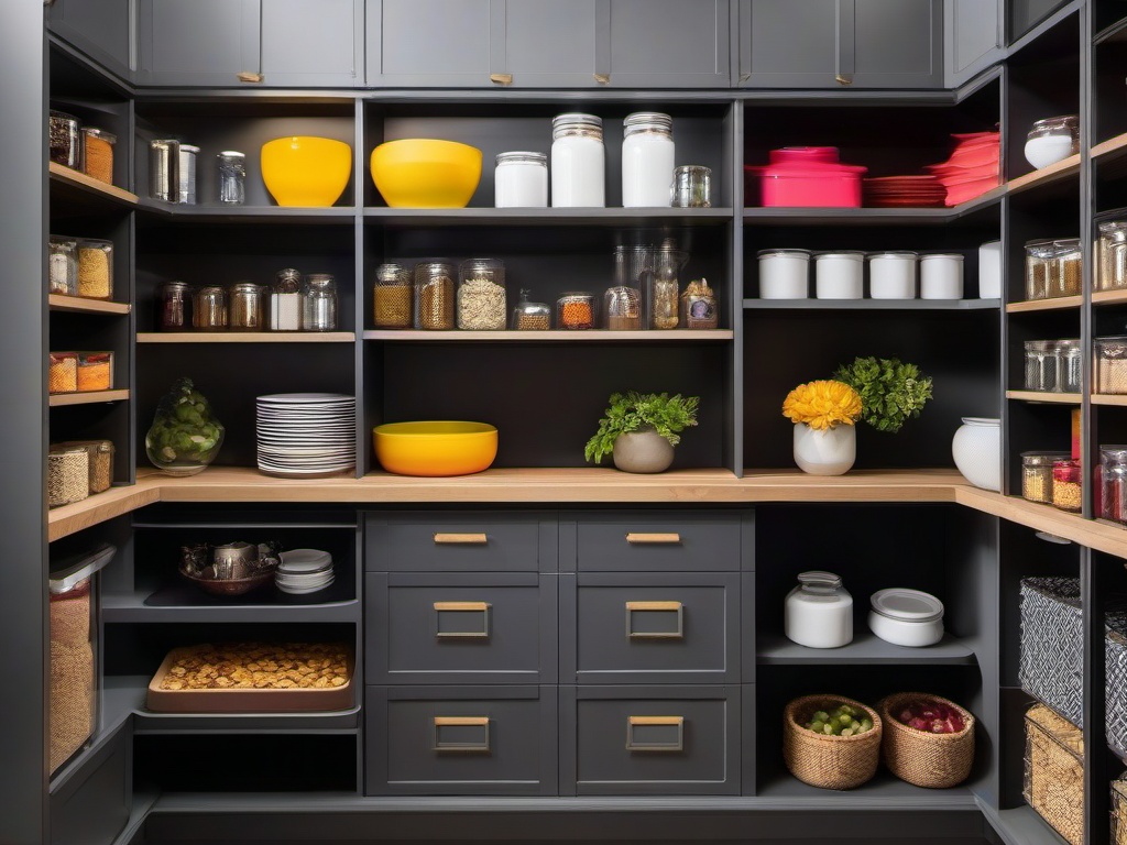 The pantry showcases maximalist interior design with organized shelves, vibrant food containers, and colorful accents that make food storage both practical and visually engaging.  