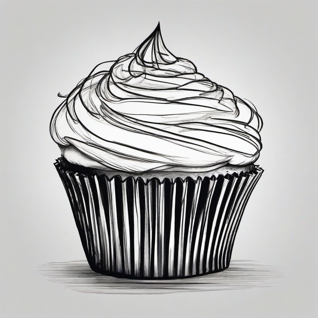 drawing of a cupcake with frosting  minimal rough sketch scribbles,doodles,black and white