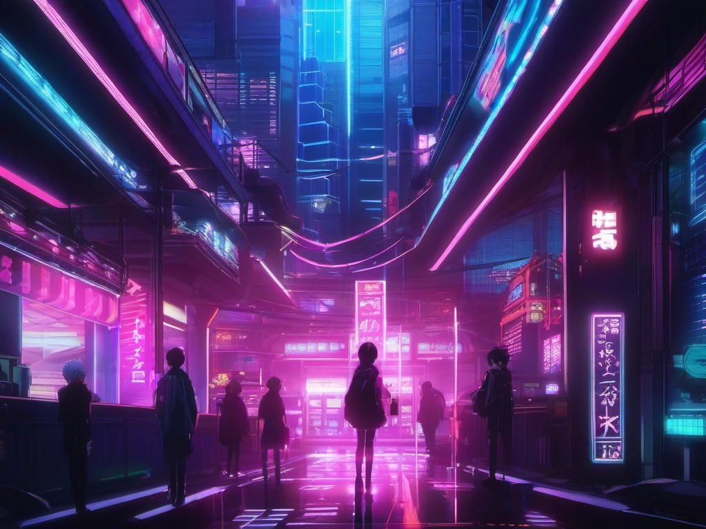 Digital realm with neon lights. anime, wallpaper, background, anime key visual, japanese manga