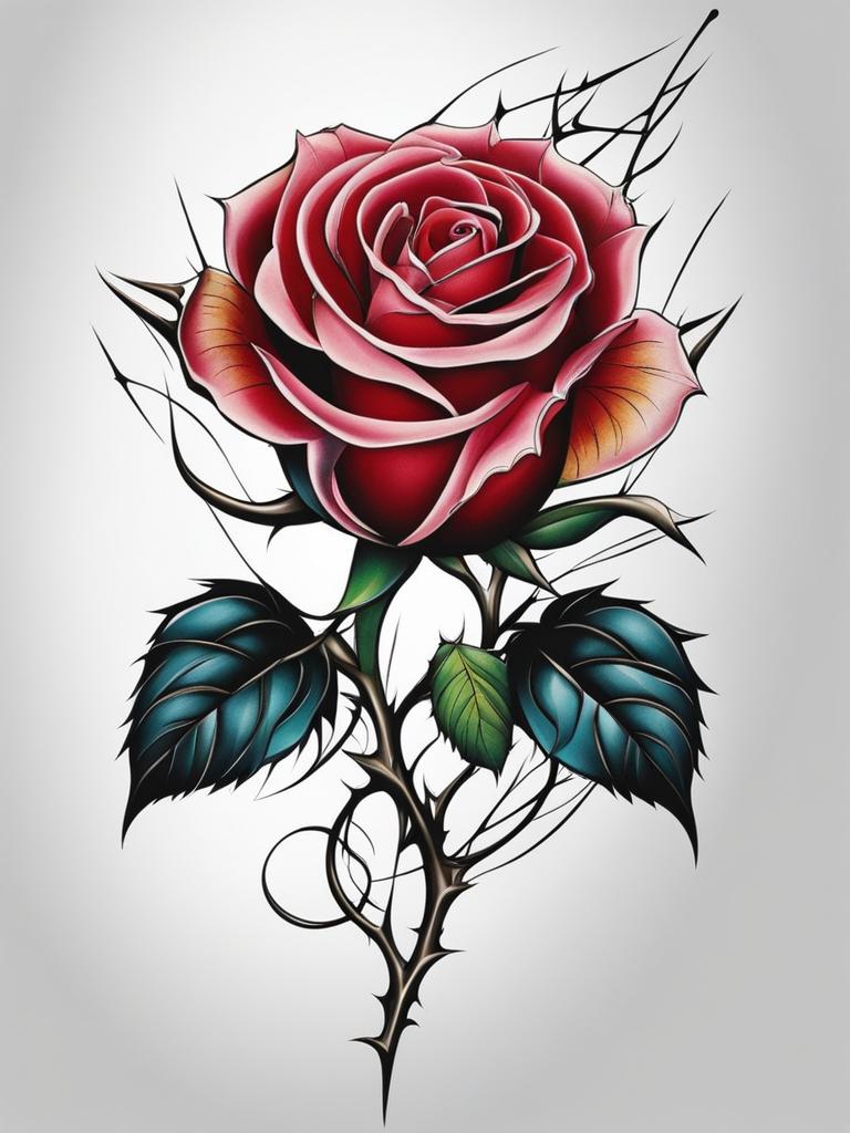 Rose with thorns tattoo, Tattoos featuring roses with thorns, symbolizing strength and beauty.  color, tattoo patterns, white clean background