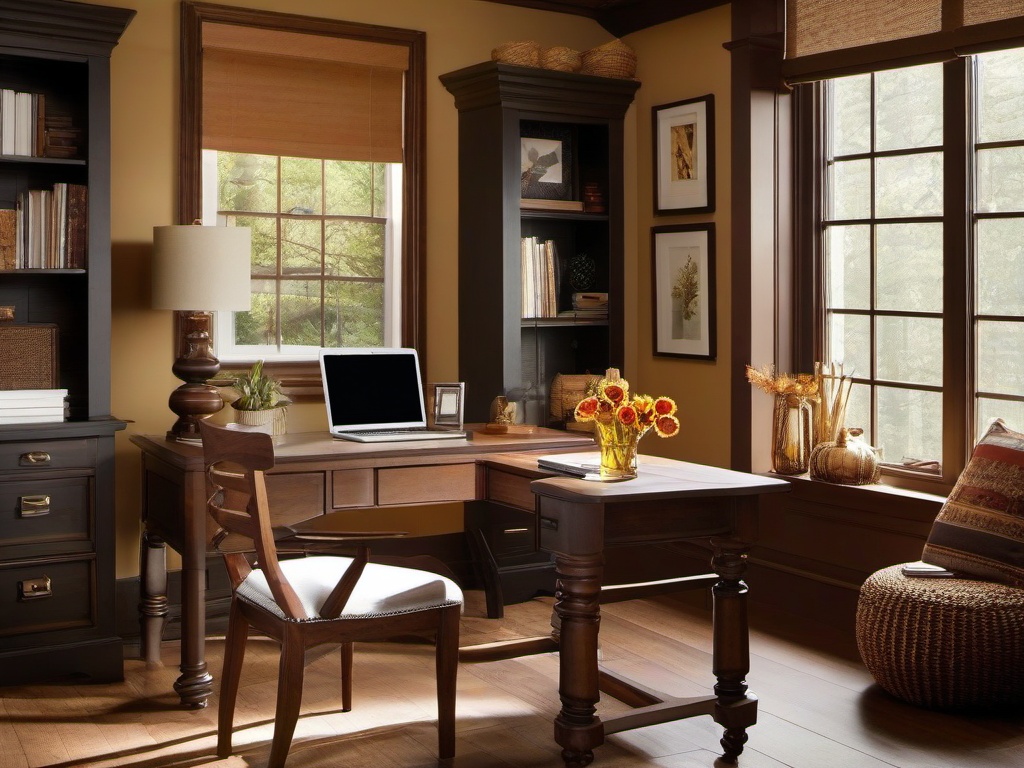 Country home office combines sturdy wooden furniture, warm colors, and simple decorations to create a cozy atmosphere for focused work.  