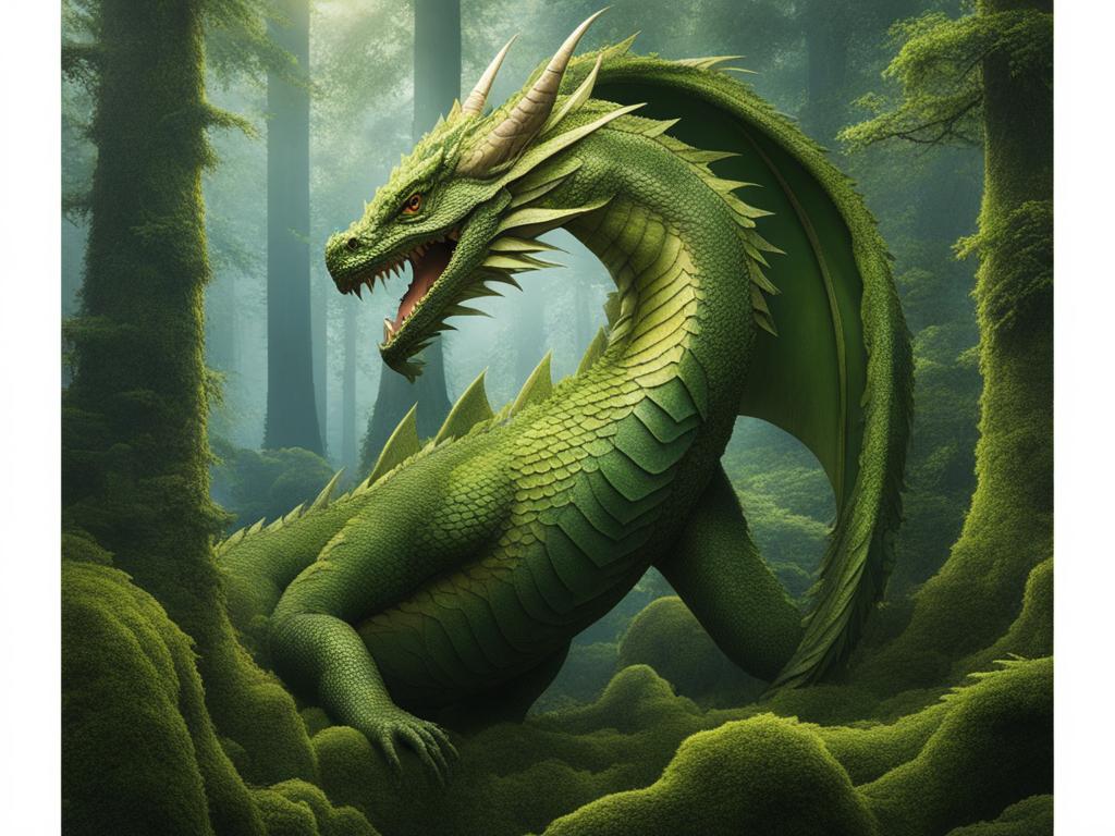 earth dragon emerging from the heart of a lush, ancient forest, its moss-covered scales camouflaging it among the trees. 