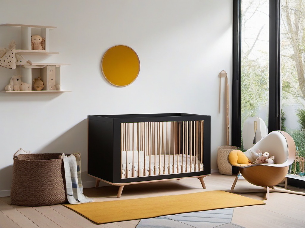 Bauhaus nursery includes simple crib designs, geometric patterned rugs, and minimalist storage, offering a practical and visually harmonious space for a baby.  