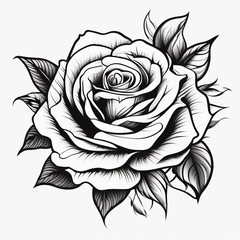 Rose Tattoo - A beautiful rose tattoo in full bloom  few color tattoo design, simple line art, design clean white background