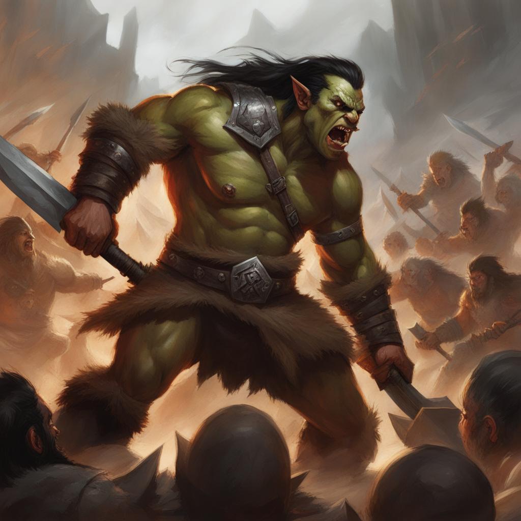 half-orc barbarian in a frenzy - illustrate a half-orc barbarian in the midst of battle, in a frenzied rage, wielding a massive weapon. 