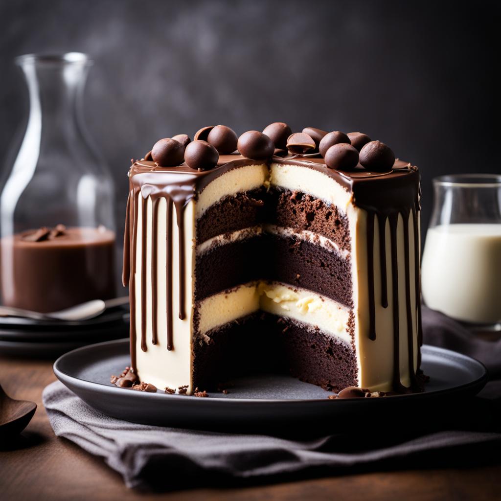 a slice of decadent triple chocolate cake, layered with dark, milk, and white chocolate. 