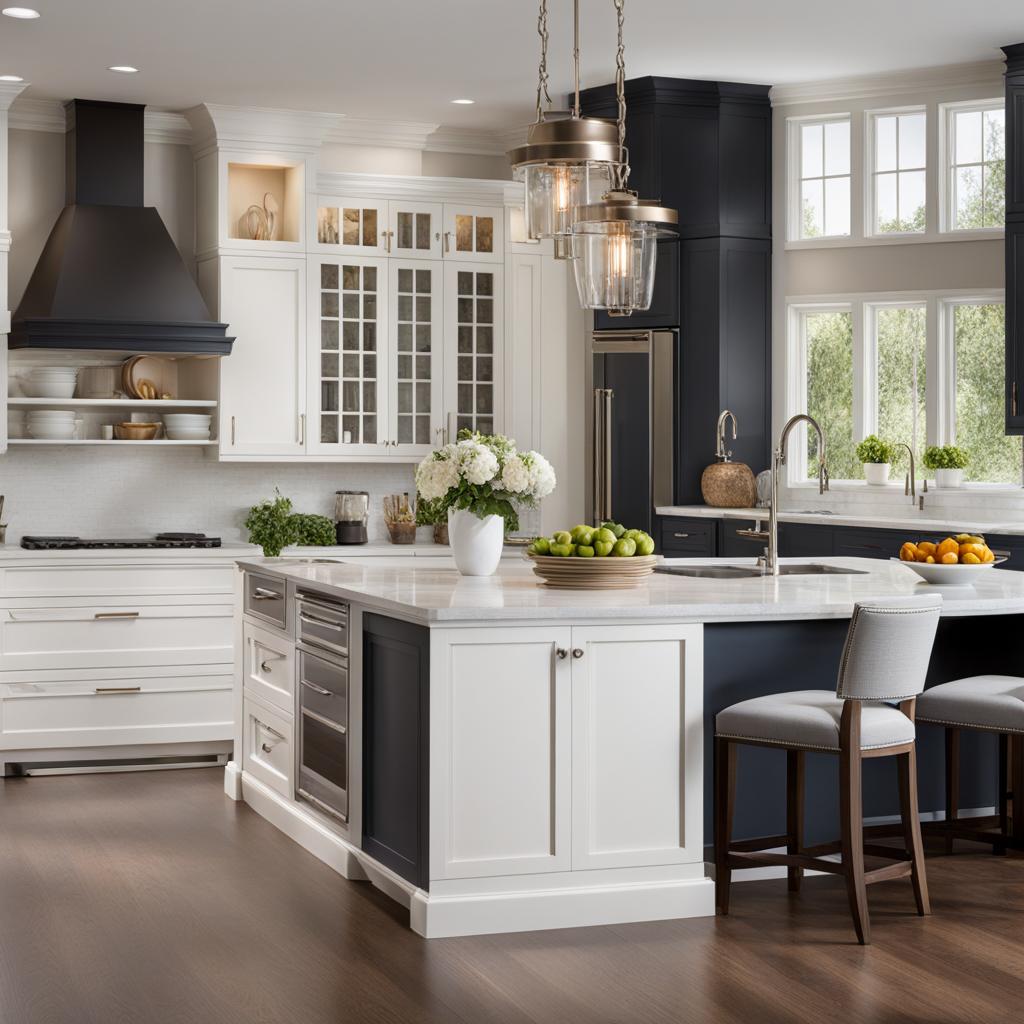 transitional kitchen with a blend of modern and classic elements. 