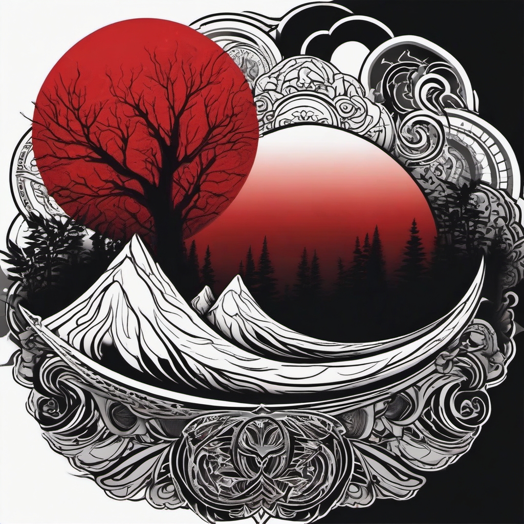 Blood moon rises, marking a deathly eclipse in the tattoo.  black and white tattoo style