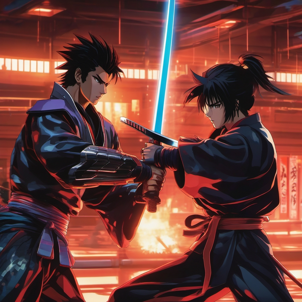 A cyber-samurai anime boy, wielding a glowing katana, faces off against rogue AI in a high-stakes duel within a virtual dojo.  1990s anime style