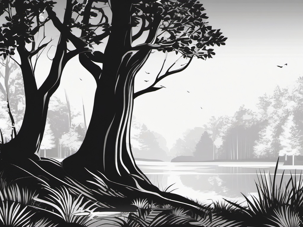 Clipart of Tree Black and White,Illustrating a serene forest scene with clipart of tree black and white  simple, 2d flat