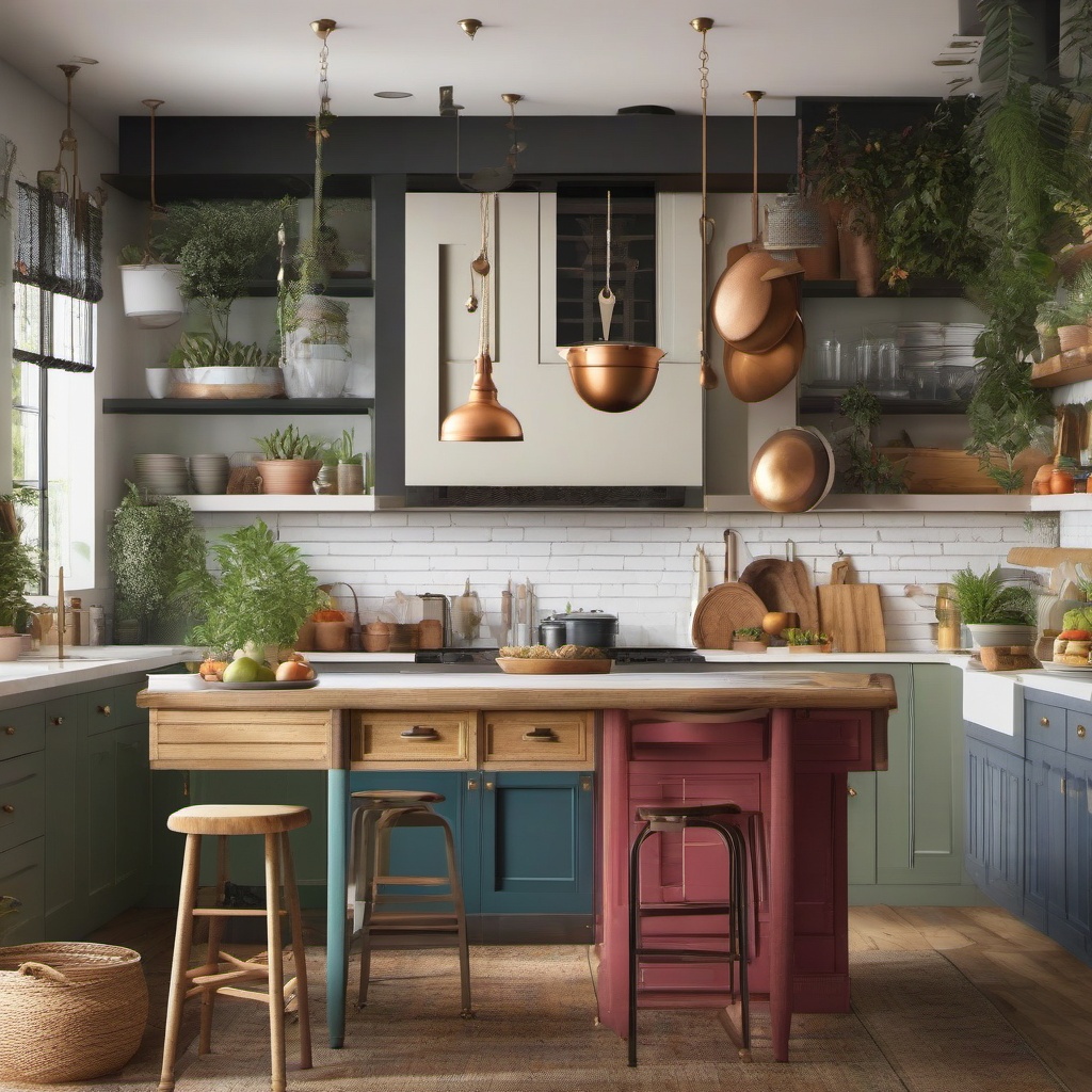 Boho Farmhouse Fusion - Blend boho and farmhouse styles for an eclectic cooking space. , kitchen layout design ideas, multicoloured, photo realistic, hyper detail, high resolution,