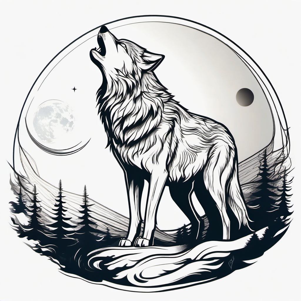 Wolf Tattoo - Wild wolf howling at the moon, representing resilience  few color tattoo design, simple line art, design clean white background