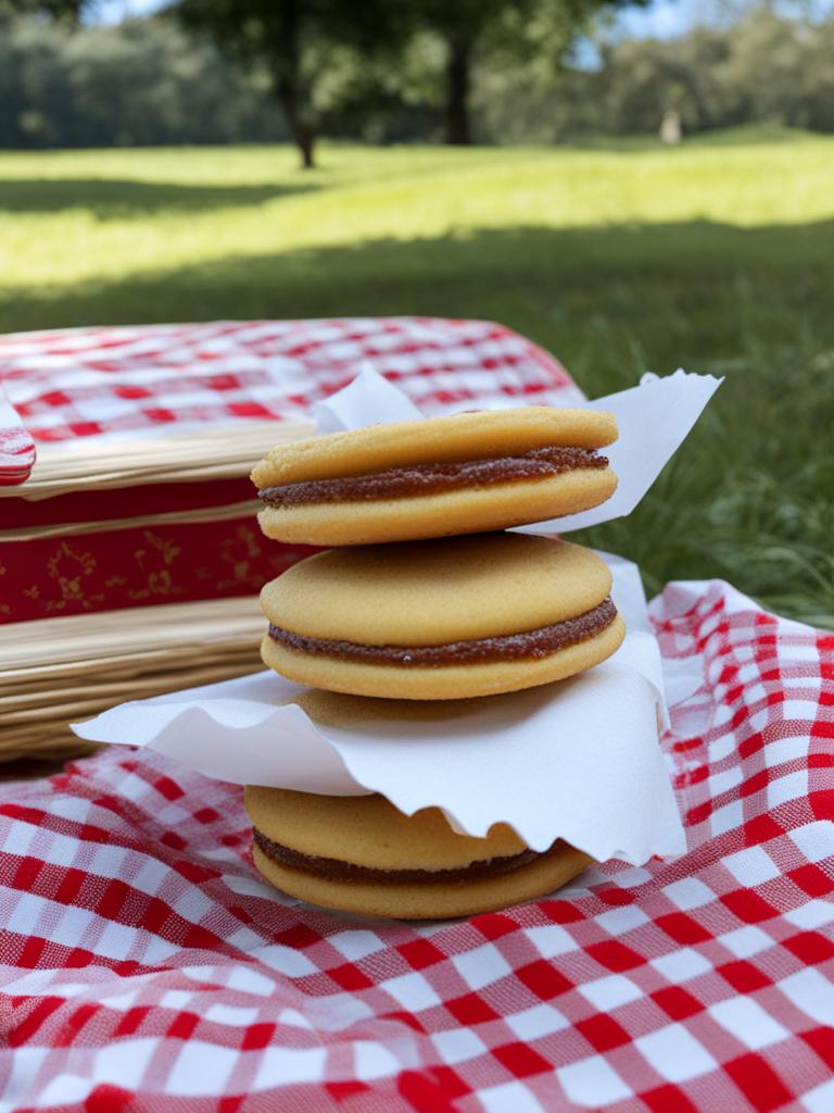 alfajor de maicena at a picnic - munching on soft and crumbly alfajor de maicena cookies during a picnic. 