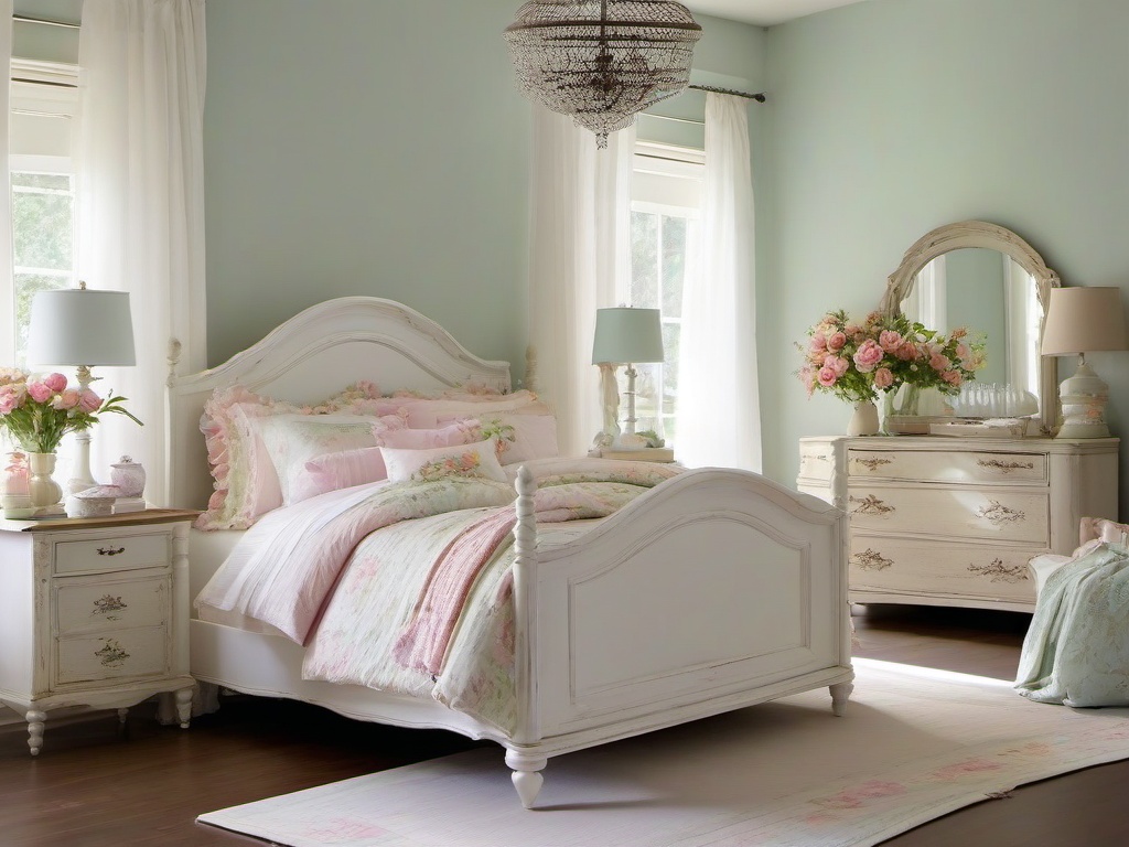 Shabby Chic bedroom features distressed white furniture, floral linens, and soft pastels for a romantic, lived-in feel.  