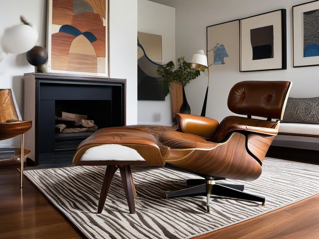 Mid-century modern living room showcases iconic designer pieces, such as a walnut Eames chair, atop a luxurious geometric rug, creating a seamless fusion of form and function.  