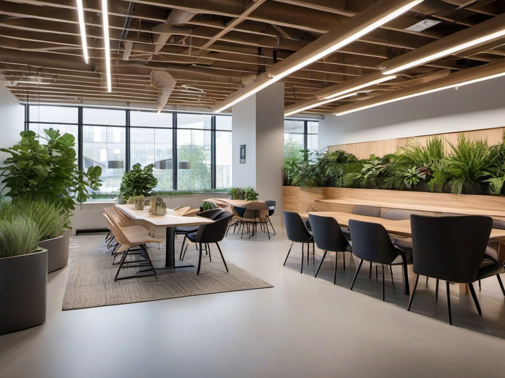 Biophilic interior design in the office break room showcases natural wood tables, indoor plants, and abundant light, creating a relaxing space for employees to recharge.  