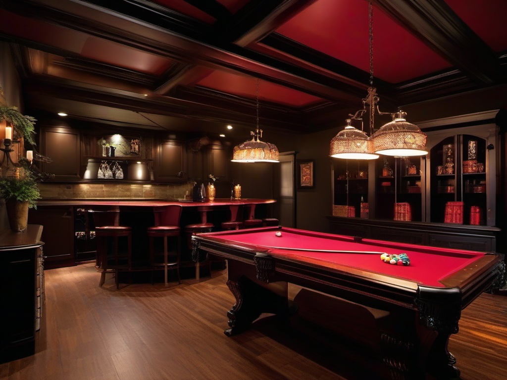 The basement highlights Gothic interior design with vintage furnishings, rich colors, and atmospheric lighting that create an exciting space for entertainment and relaxation.  