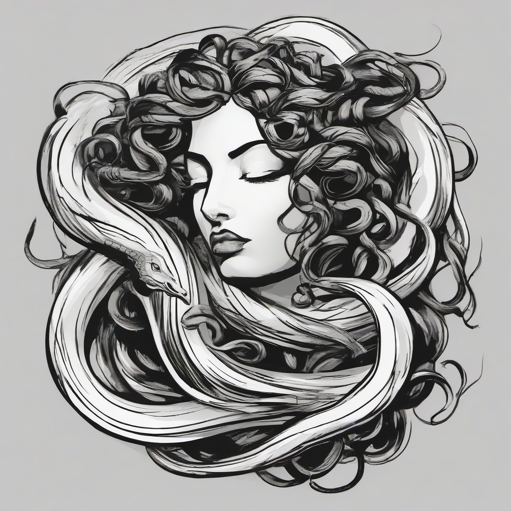 drawing of Medusa with a serpent tail  minimal rough sketch scribbles,doodles,black and white