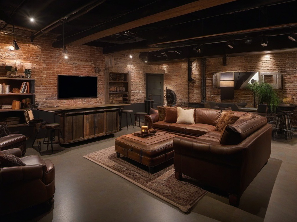 The basement highlights Post-Apocalyptic interior design with a mix of salvaged furniture, exposed brick walls, and dynamic lighting that creates a unique space for entertainment and relaxation.  