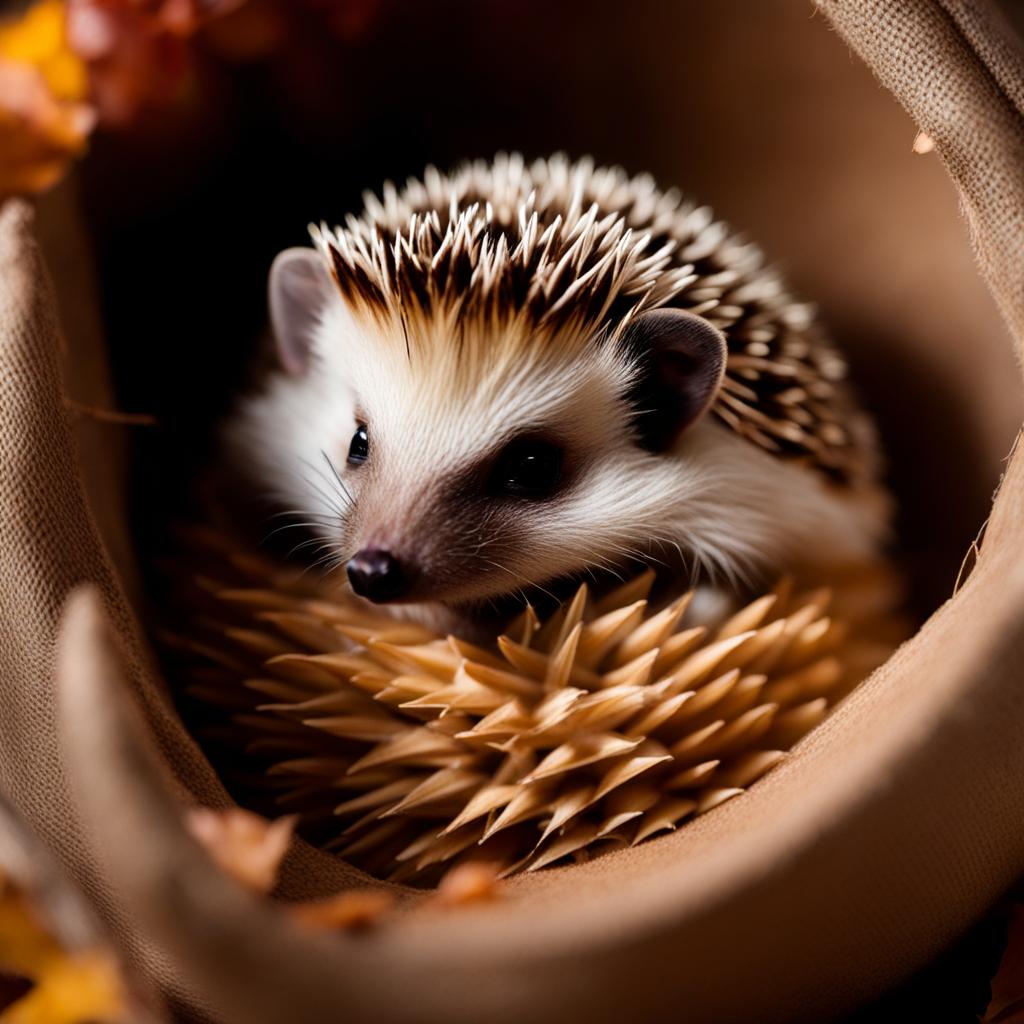 tiny hedgehog curled into a ball, its spines forming a protective shield. 