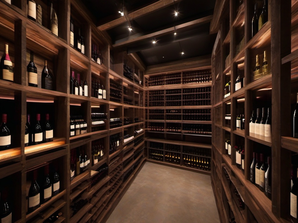 In the wine cellar, Post-Apocalyptic interior design features weathered shelving, rustic decor, and a unique layout that creates a visually interesting space for wine enthusiasts.  