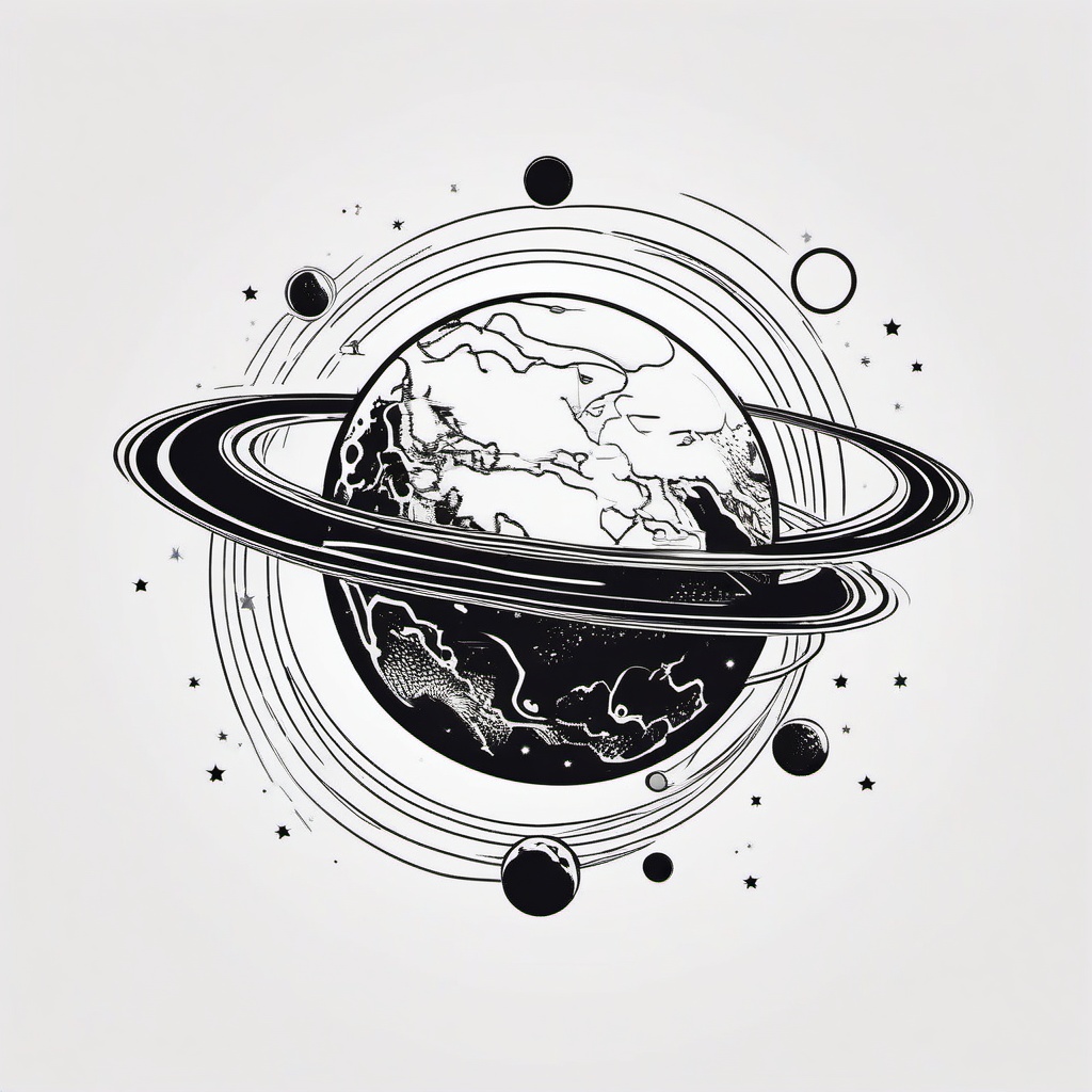 Planet Tattoo - A vivid planet tattoo orbiting in space  few color tattoo design, simple line art, design clean white background