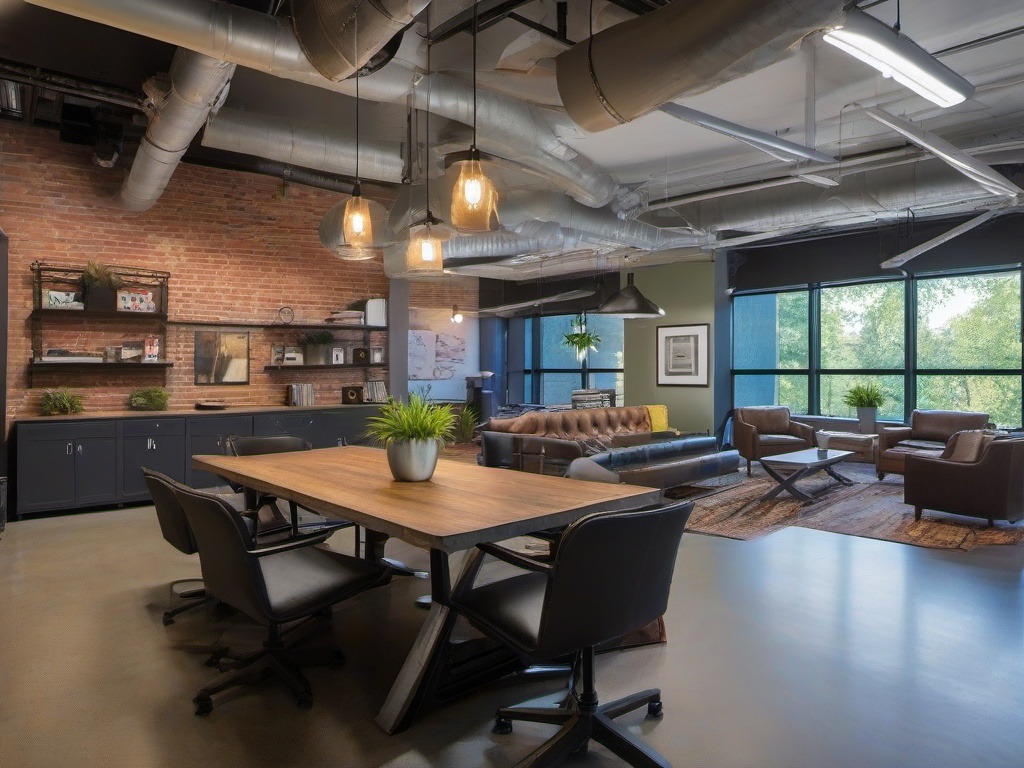 In the office break room, Post-Apocalyptic interior design includes repurposed furniture, gritty decor, and an engaging ambiance that encourages relaxation and socialization among employees.  