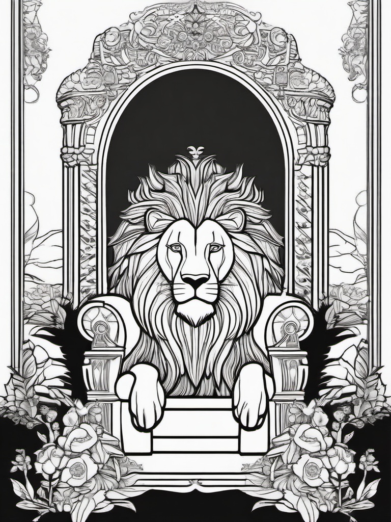 Lion Coloring Pages - Lion king on a throne in a fairy tale setting  simple coloring pages