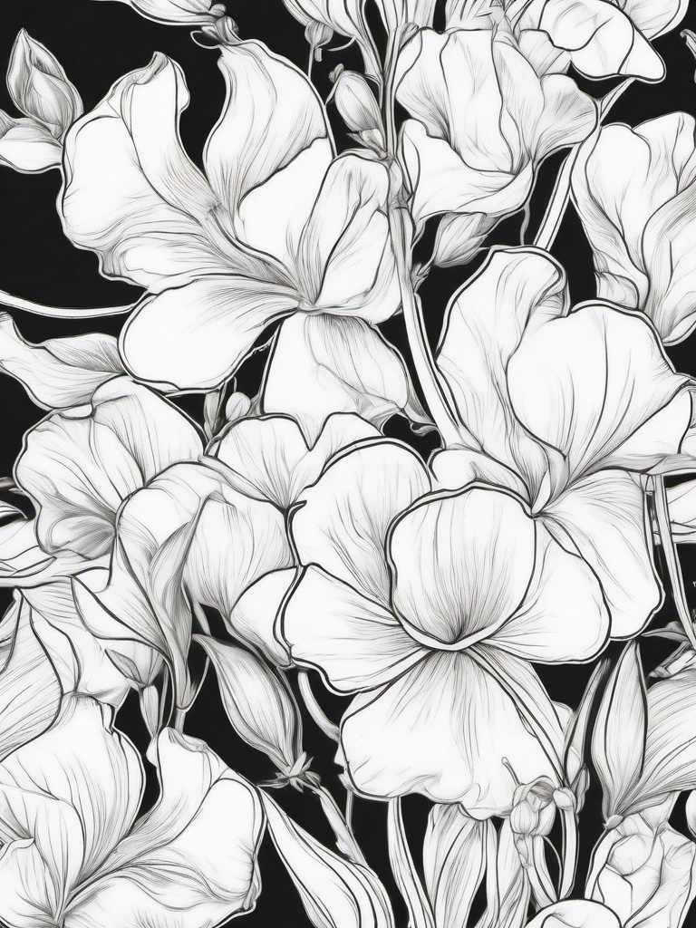 Floral Sweet Peas - Delicate, fragrant flowers in soft hues.  outling,coloring pages,black and white