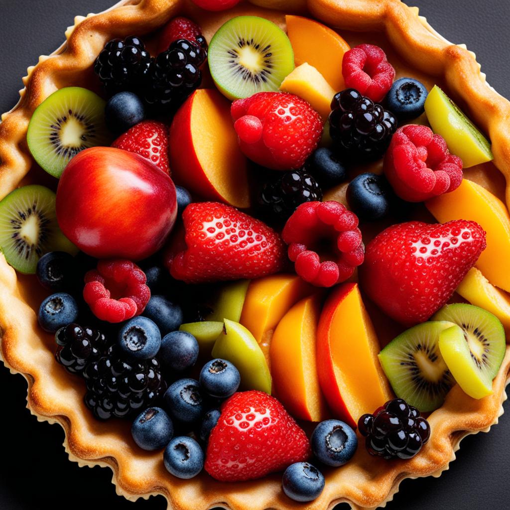 an artisanal fruit tart, with a buttery crust filled with an assortment of colorful, glazed fruits. 