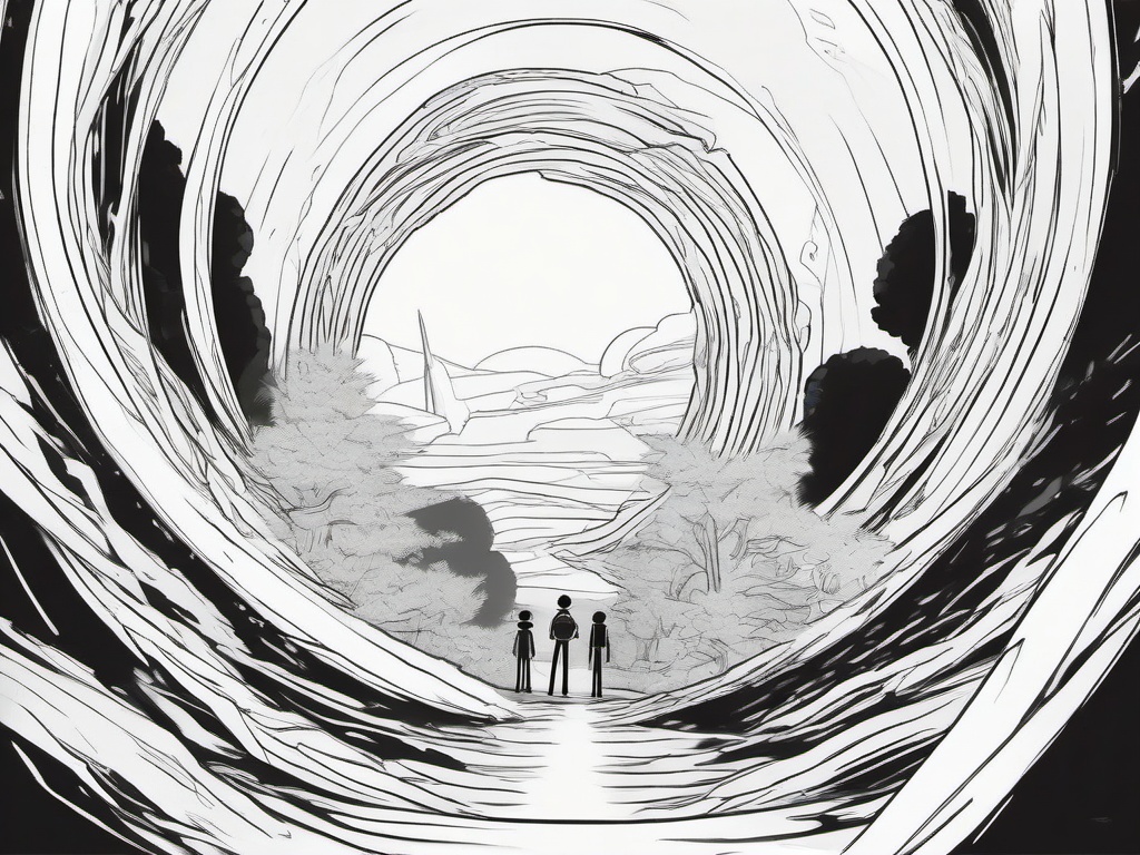 drawing of Rick and Morty traveling through a portal  minimal rough sketch scribbles,doodles,black and white