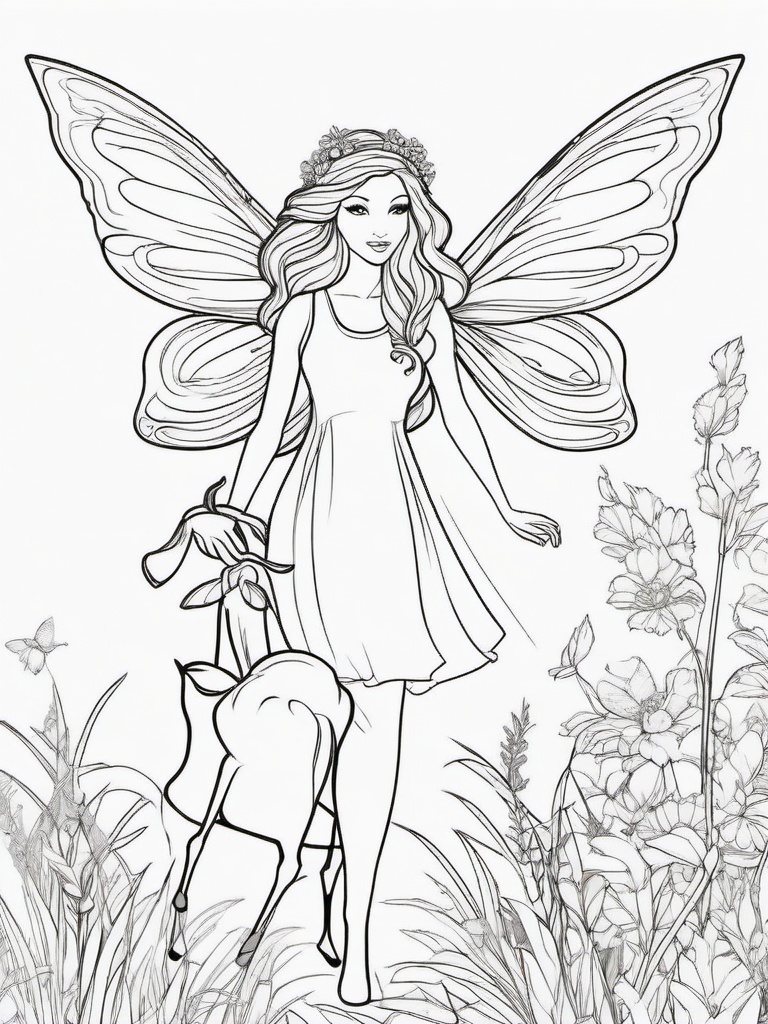 Fairy and a Fawn Coloring Pages - Fairy Walking with a Gentle Fawn  minimal black outline printable sheet, coloring page