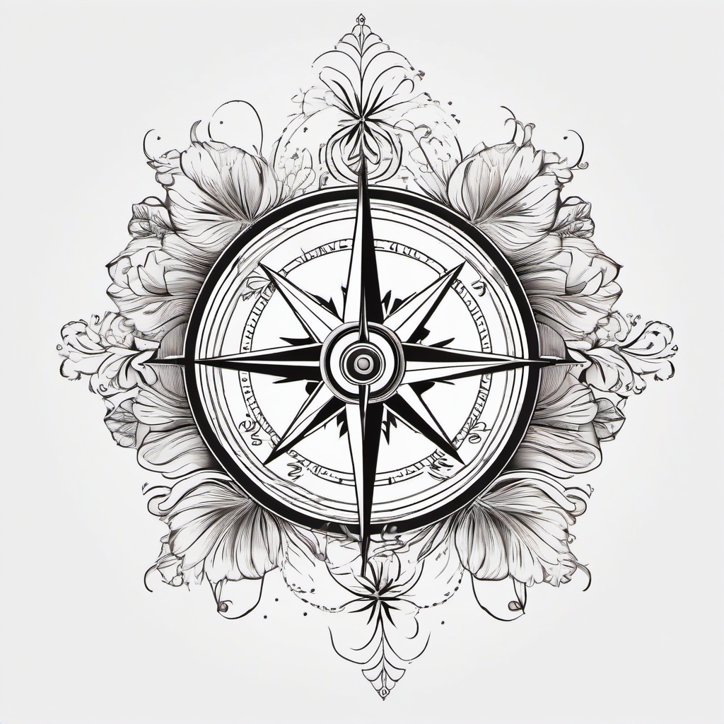 Compass with Flower Tattoo - Compass tattoo adorned with floral elements.  simple vector tattoo,minimalist,white background