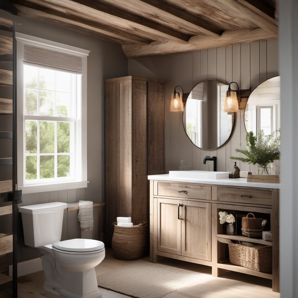 Modern Country Bathroom - Modern country bathroom with rustic wood and a neutral color palette. realistic, professional photography, bokeh, natural lighting, canon lens, shot on dslr 64 megapixels sharp focus