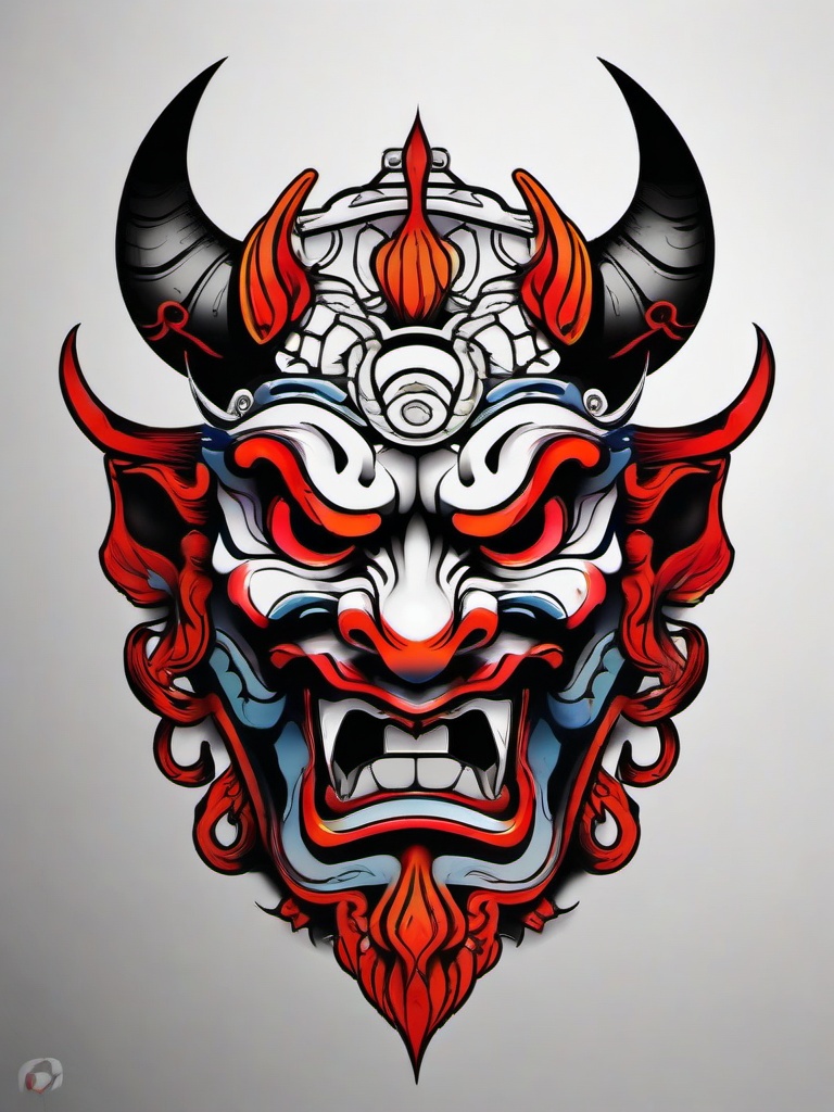 oni mask tattoo design colored  simple color tattoo,white background,minimal