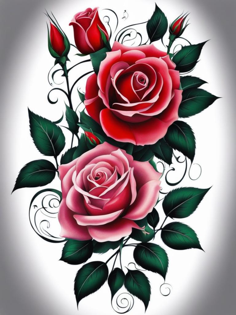 Rose back tattoo, Elegant and striking rose tattoos designed for the back.  vivid colors, white background, tattoo design