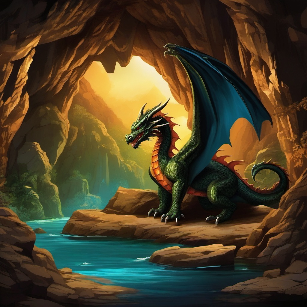 Dragon Clipart in a Cave,Fearsome dragon guarding hidden treasures deep within a cave. 