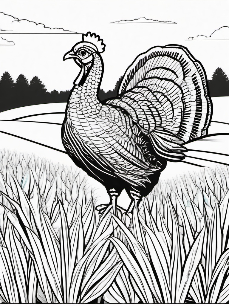 Turkey in a Corn Field Coloring Pages - Turkey Exploring a Field of Corn  minimal black outline printable sheet, coloring page