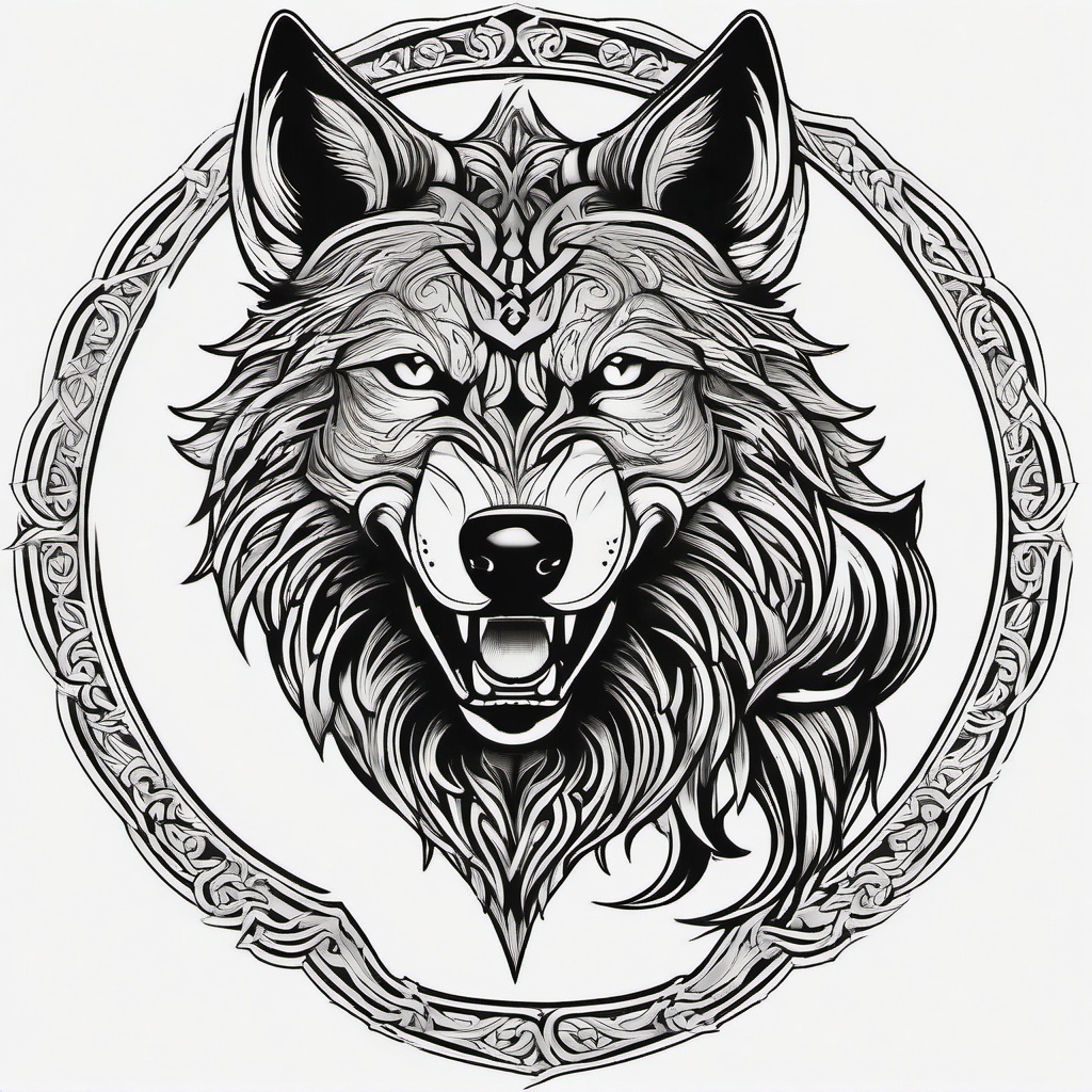 Fenrir Wolf Tattoo,tattoo of the fearsome Fenrir, a colossal and formidable wolf from Norse mythology. , tattoo design, white clean background