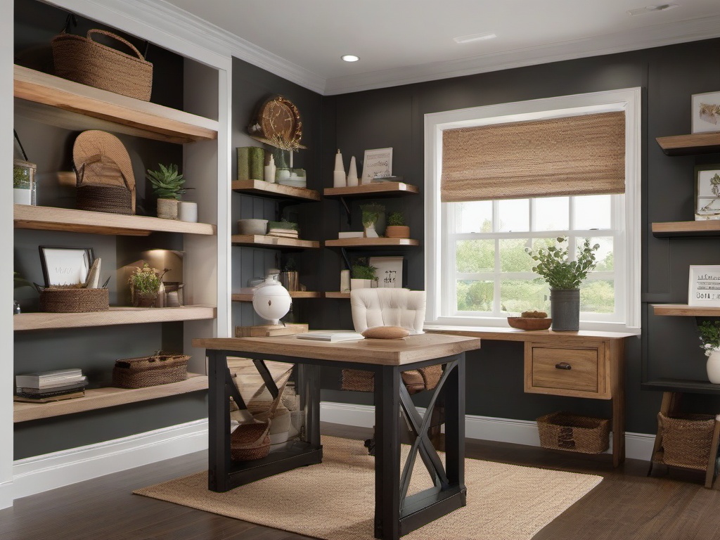 Farmhouse home office offers a large wooden desk, open shelving with decorative items, and warm accents for a welcoming workspace.  