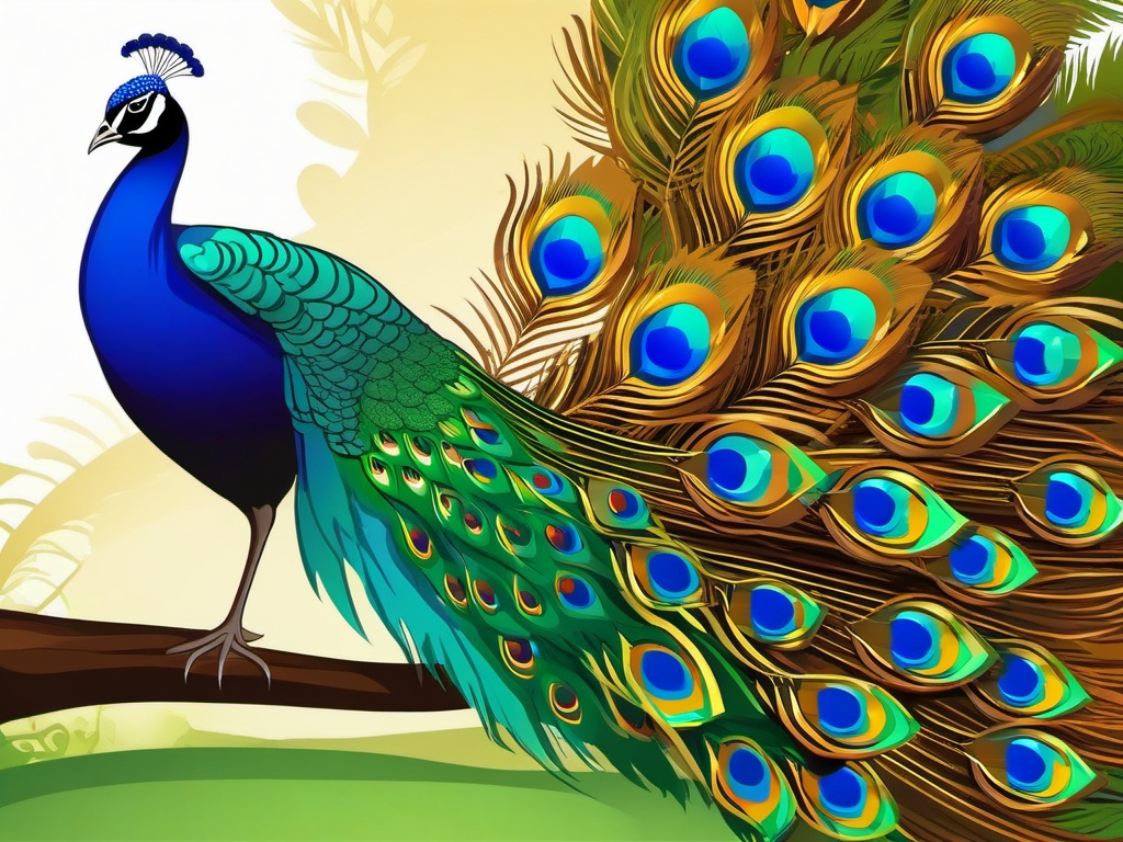 Peacock Cartoon - Cartoon of peacock displaying feathers  