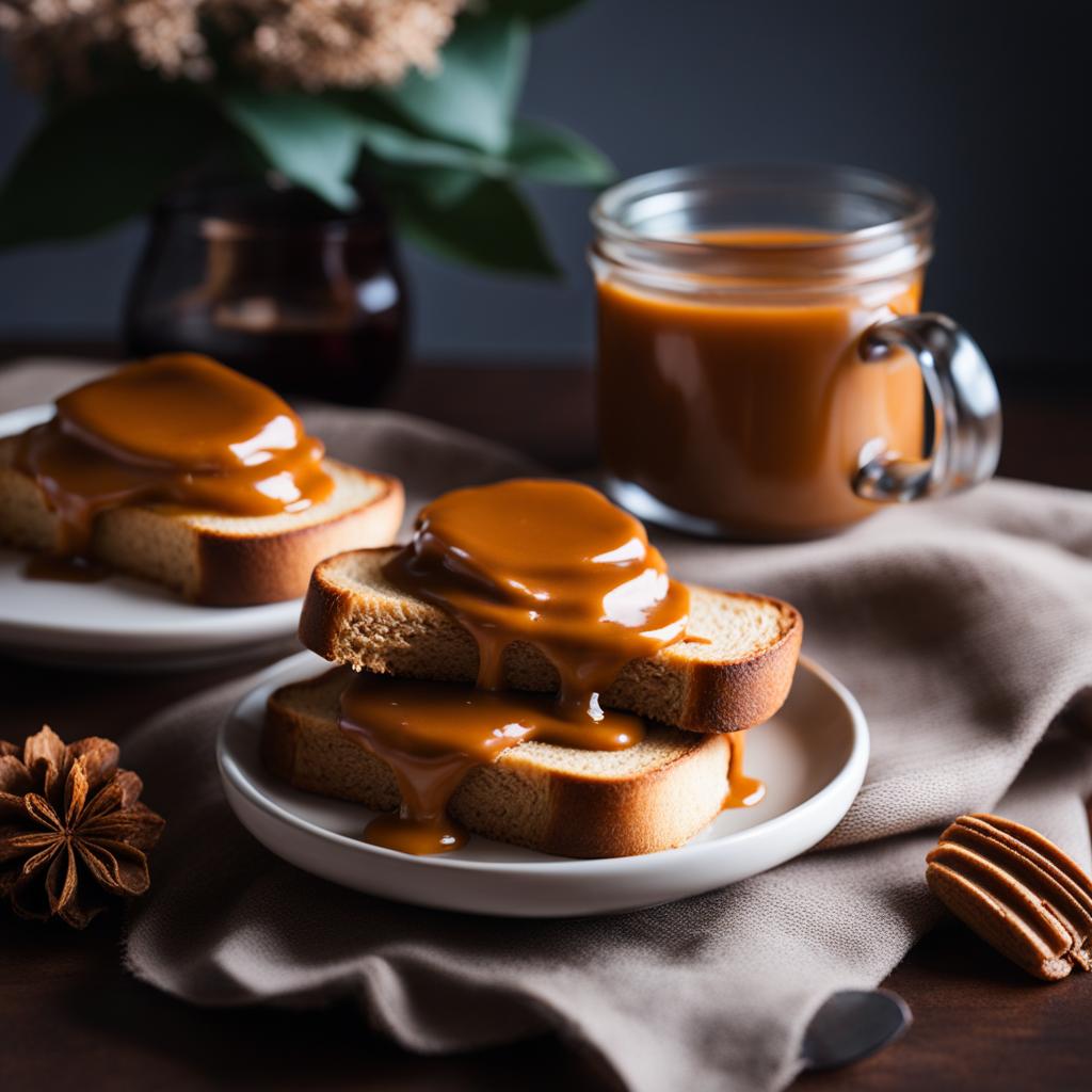 dulce de leche in a cozy home - spreading rich and creamy dulce de leche caramel on warm toast in a cozy home. 