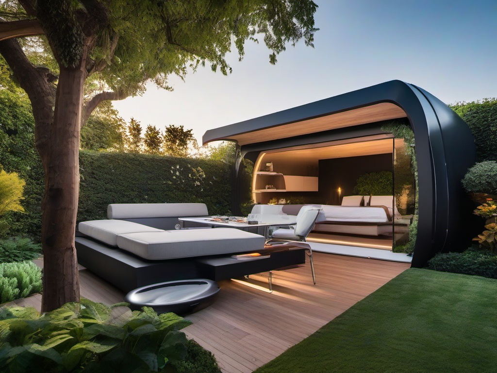 In the garden, futuristic interior design highlights contemporary landscaping, innovative decor, and smart features that create a stunning outdoor retreat for relaxation and entertainment.  