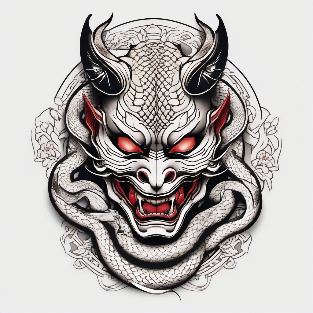 Hannya Mask with Snake Tattoo - A tattoo design that combines the expressive Hannya mask with a snake motif, symbolizing transformation and power.  simple color tattoo,white background,minimal