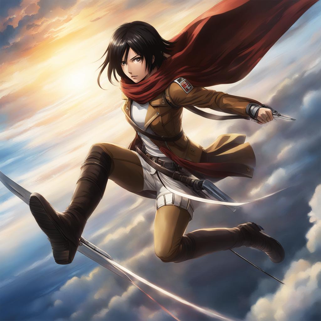 mikasa ackerman soars through the sky, engaging in aerial combat with a titan shifter. 